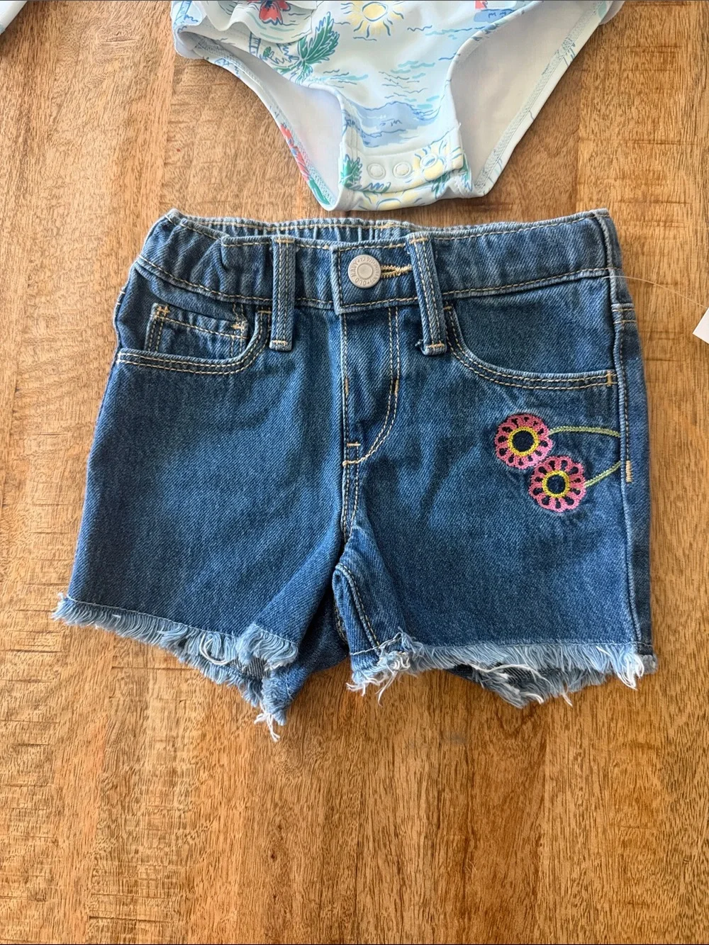 Tropical/Floral Long-Sleeve One-Piece Swimsuit with Old Navy Jeans Shorts